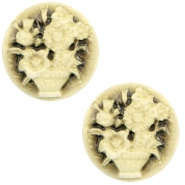 Cabochon base cammei 20 mm con disegno mazzo di fiori nero - oro antico