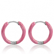 Orecchini in acciaio inossidabile a cerchio smalto 14mm rosa punch-argento