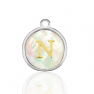 Ciondoli in acciaio inossidabile 12mm conchiglia lettera N bianco (colore naturale)-argento