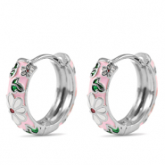 Metallo TQ in ottone orecchini a cerchio smalto fiore argento-rosa bianco