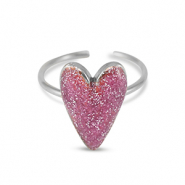 anelli in acciaio inossidabile smalto cuore glitterato rosa vermiglio-argento