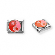 Link-tessera per bracciale italiano con ciondoli in acciaio inossidabile cuore Yin & Yang argento-rosa-rosso