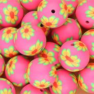 Perline di silicone 18mm tonda con fiori dipinti a mano rosa neon-verde-arancione-rosso
