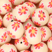 Perline di silicone 18mm tonda con fiori dipinti a mano beige nudo-rosa neon-arancione