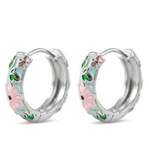 Metallo TQ in ottone orecchini a cerchio smalto fiore argento-rosa blu