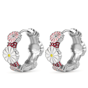 Metallo TQ in ottone orecchini a cerchio smalto fiore argento-bianco rosa