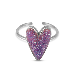 anelli in acciaio inossidabile smalto cuore glitterato viola-argento